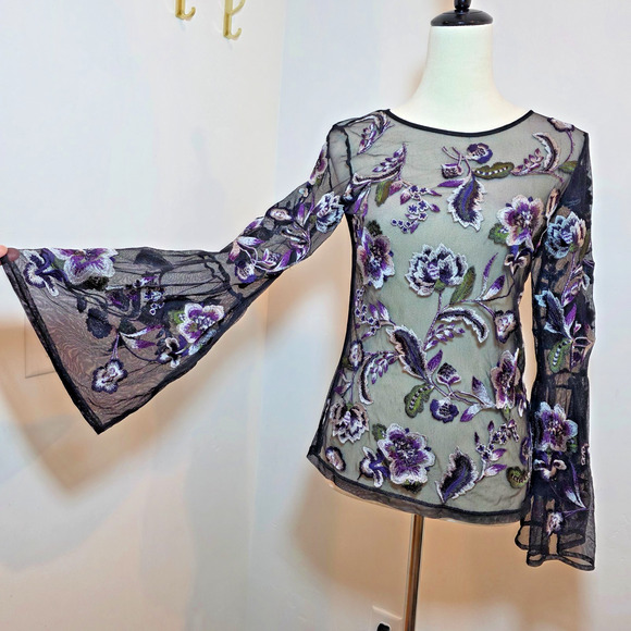 Unbranded Tops - Women's Embroidered Sheer Mesh Top S Black Floral Bell Sleeve Boho Flowy